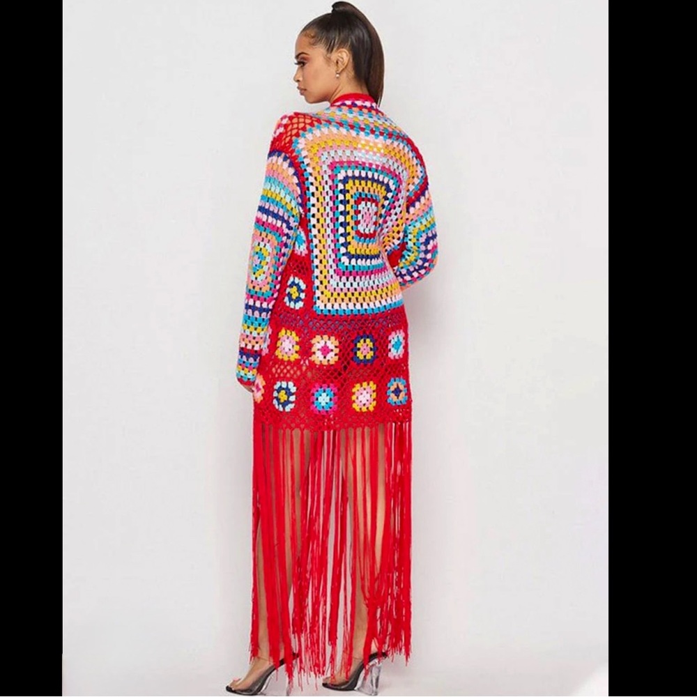 AKIRA Aruba Crochet Cardigan Rainbow Granny Square Knit Fringe Sweater Boho